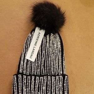 NWT ADRIENNE LANDAU BLACK BLING KNIT HAT W/ POM